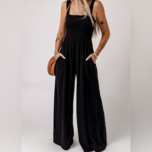 Black Smocked Sleeveless Wide Leg Jumpsuit with Pockets